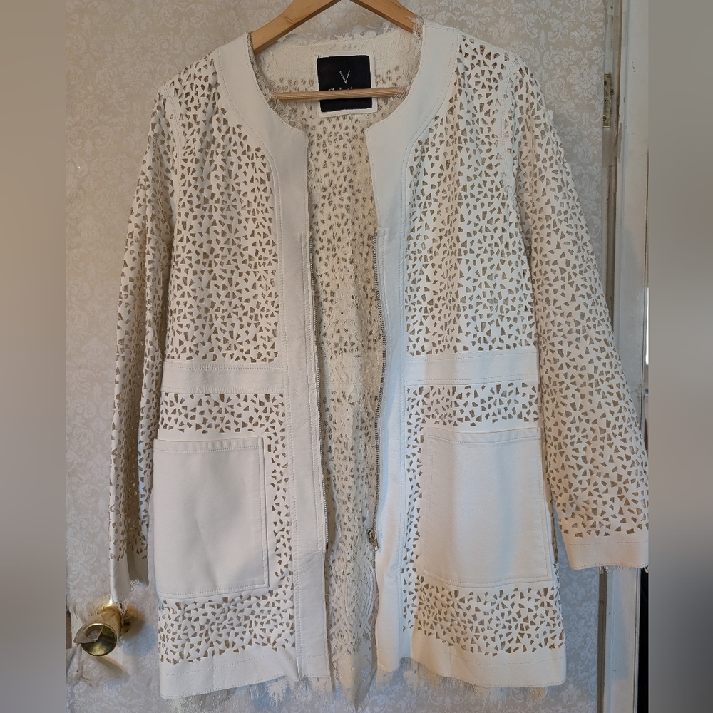 V Cristina Faux Leather Jacket Sz.Medium Laser Cut Lace Lined White